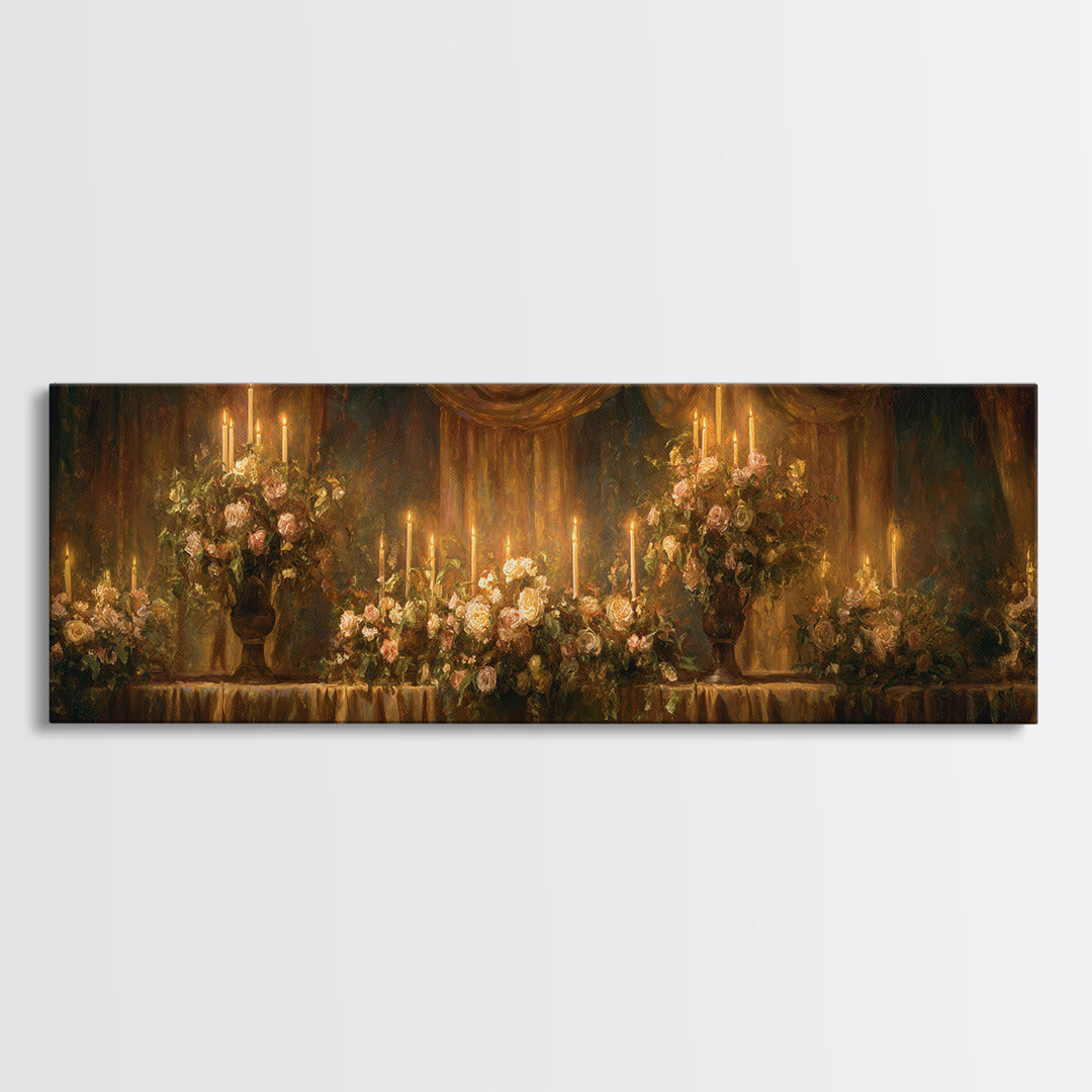 Velvet Drapery with Pearls Flowers and Candlelight Framed Canvas Print, Baroque Art, Wall Art, Living Room Decor, Ornate, BAO-3x1-67