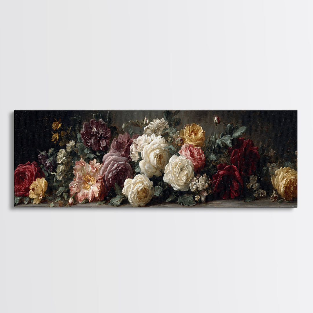 Dark Floral Arrangement Framed Canvas Print, Baroque Art, Room Decor, Living Room Decor, Fine Art, Ornate, Digital Wall Art, BAO-3x1-68
