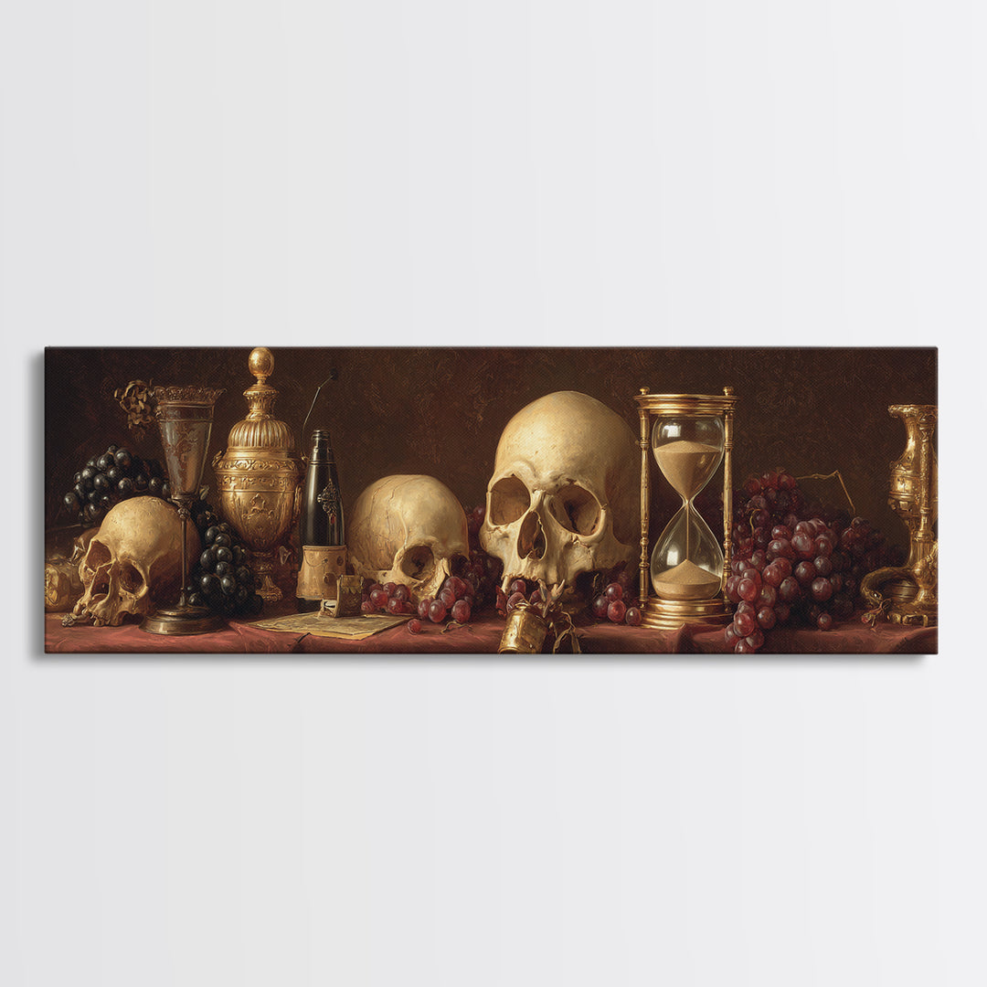 Skull and Hourglass Vanitas Still Life Framed Canvas Print, Baroque Art, Whimsical Decor, Living Room Decor, Fine Art, Ornate, BAO-3x1-69