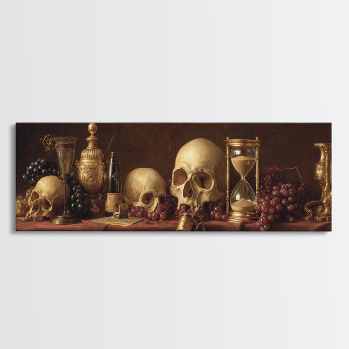 Skull and Hourglass Vanitas Still Life Framed Canvas Print, Baroque Art, Whimsical Decor, Living Room Decor, Fine Art, Ornate, BAO-3x1-69