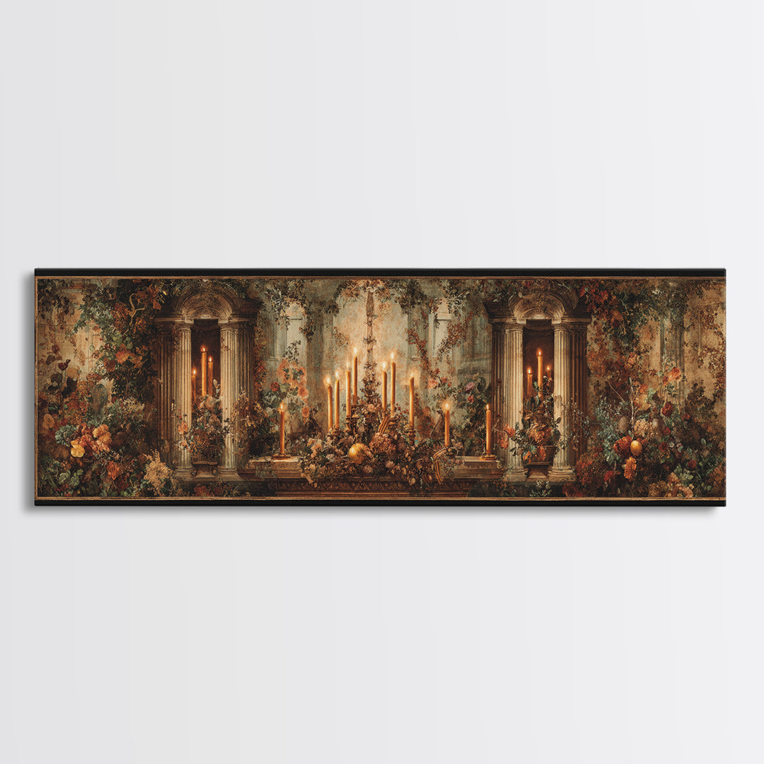 Ornate Gold Frame Illusion Around a Botanical Framed Canvas Print, Baroque Art, 3d Wall Art, Living Room Decor, Oil Painting, BAO-3x1-73