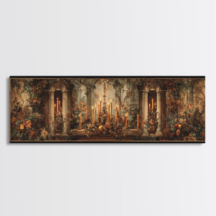 Ornate Gold Frame Illusion Around a Botanical Framed Canvas Print, Baroque Art, 3d Wall Art, Living Room Decor, Oil Painting, BAO-3x1-73