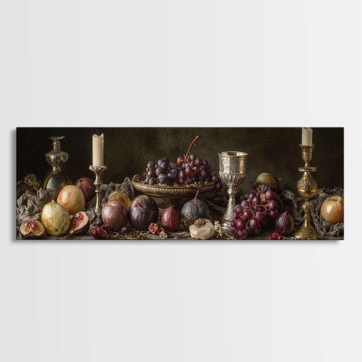 Candlelit Table with Silver Goblet and Figs Framed Canvas Print, Baroque Art, Oil Painting, Living Room Decor, Fine Art, Ornate, BAO-3x1-77