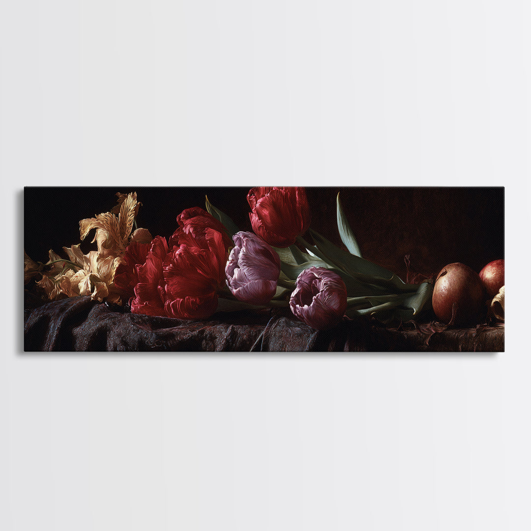 Black Background Tulips Canvas Print, Baroque Art, Gallery Wall, Living Room Decor, Ornate, Neutral Decor, Modern Decor, BAO-3x1-8