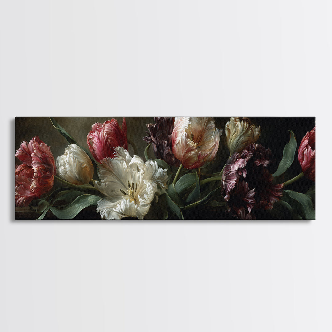 Black Background Tulips Canvas Print, Baroque Art, Minimalist Decor, Living Room Decor, Fine Art, Ornate, Whimsical Decor, BAO-3x1-80