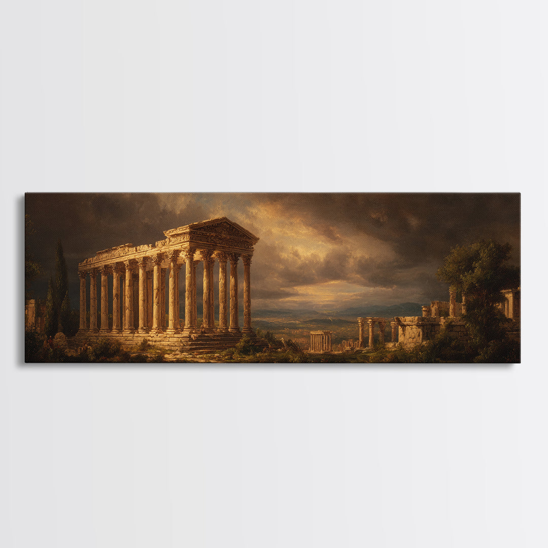Classical Ruins Beneath a Dramatic Sky Canvas Print, Baroque Art, Minimalist Decor, Living Room Decor, Fine Art, Ornate, BAO-3x1-83