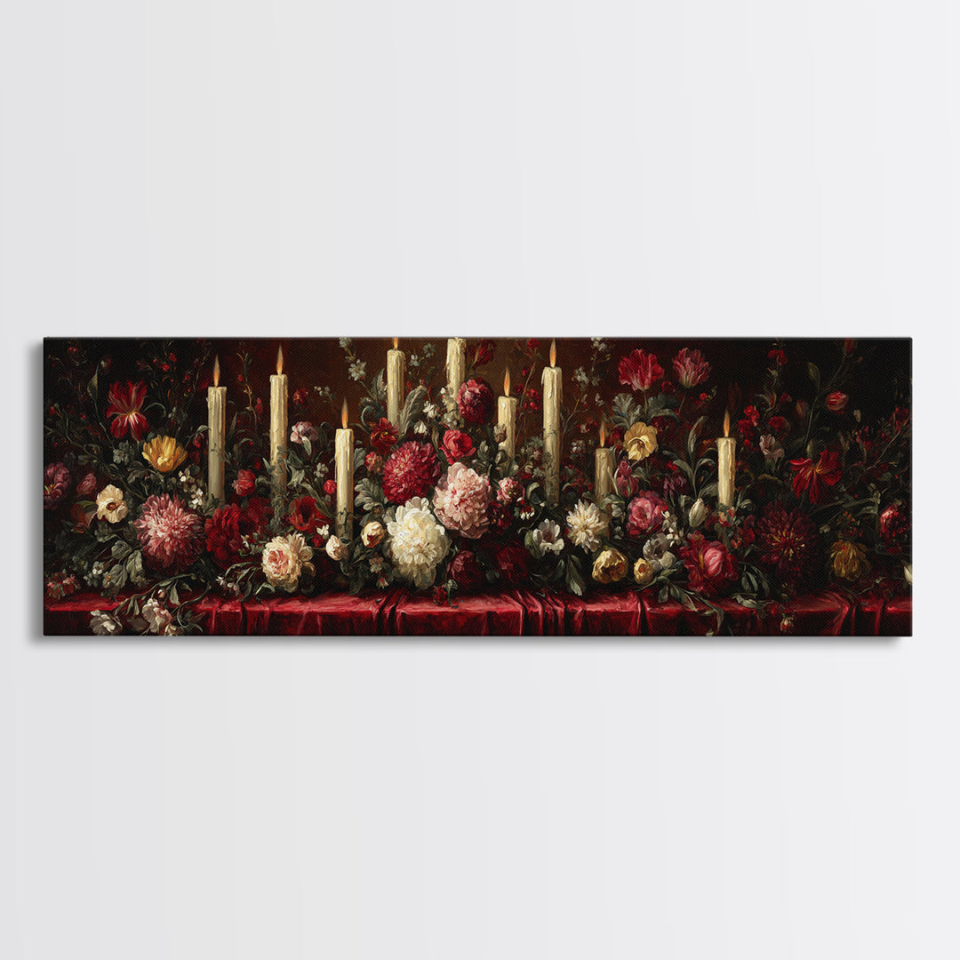 Velvet Drapery with Pearls Flowers and Candlelight Canvas Print, Baroque Art, Portrait Painting, Living Room Decor, Ornate, BAO-3x1-91