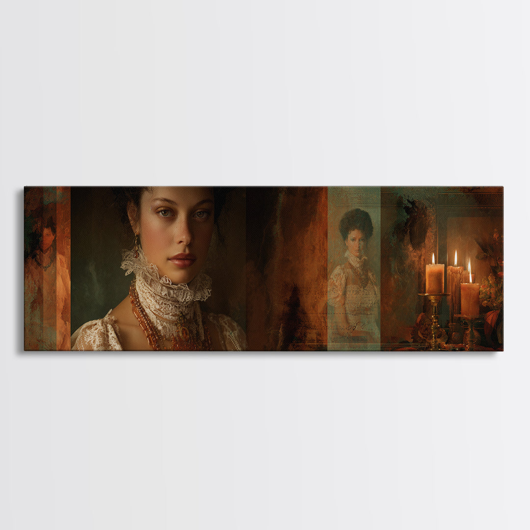 Classical Portrait with Lace Collar and Jewel Canvas Print, Baroque Art, Gallery Wall, Living Room Decor, Fine Art, Ornate, BAO-3x1-95