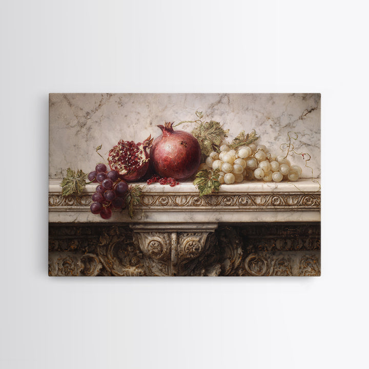 Pomegranate and Grapes on a Marble Ledge Canvas Print, Baroque Art, Luxury Decor, Living Room Decor, Fine Art, Ornate, BAO-3x2-12