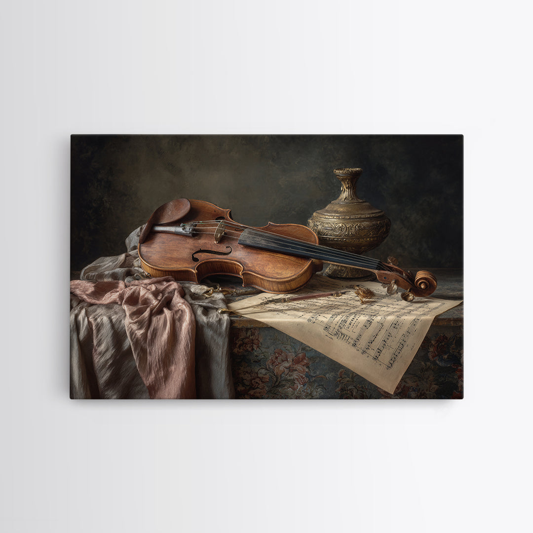 Baroque Violin and Sheet Music Still Life Framed Canvas Print, Baroque Art, Neutral Decor, Living Room Decor, Fine Art, Ornate, BAO-3x2-15
