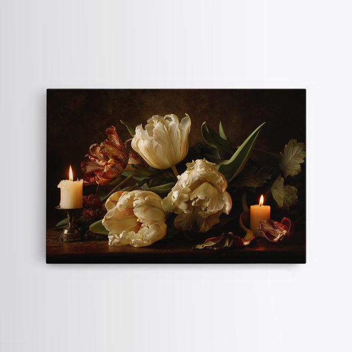 Black Background Tulips Framed Canvas Print, Baroque Art, Room Decor, Living Room Decor, Fine Art, Ornate, Digital Wall Art, BAO-3x2-20