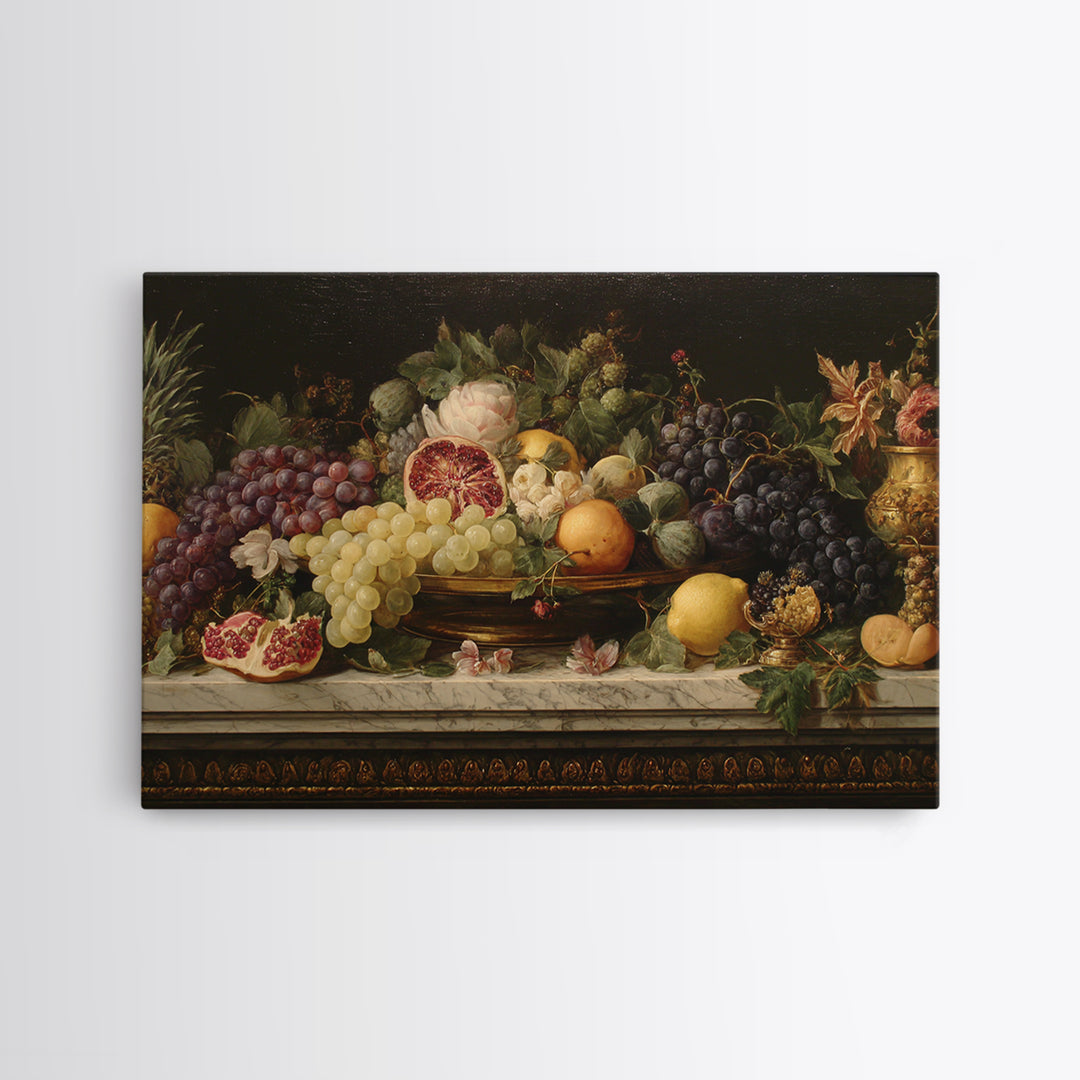 Lavish Banquet Fruit Composition Framed Canvas Print, Baroque Art, Textured Painting, Living Room Decor, Fine Art, Ornate, BAO-3x2-24