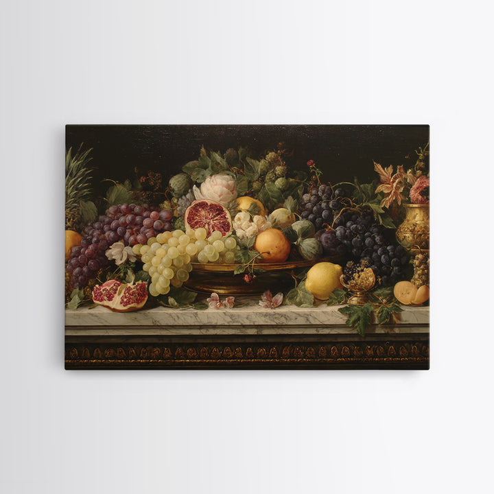 Lavish Banquet Fruit Composition Framed Canvas Print, Baroque Art, Textured Painting, Living Room Decor, Fine Art, Ornate, BAO-3x2-24