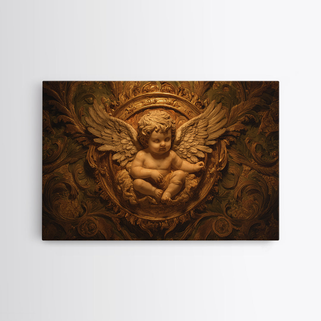 Ornate Cherub Figure Surrounded by Clouds and Canvas Print, Baroque Art, Printable Wall Art, Living Room Decor, Ornate, BAO-3x2-30