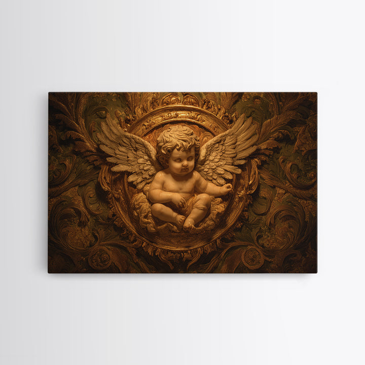Ornate Cherub Figure Surrounded by Clouds and Canvas Print, Baroque Art, Printable Wall Art, Living Room Decor, Ornate, BAO-3x2-30