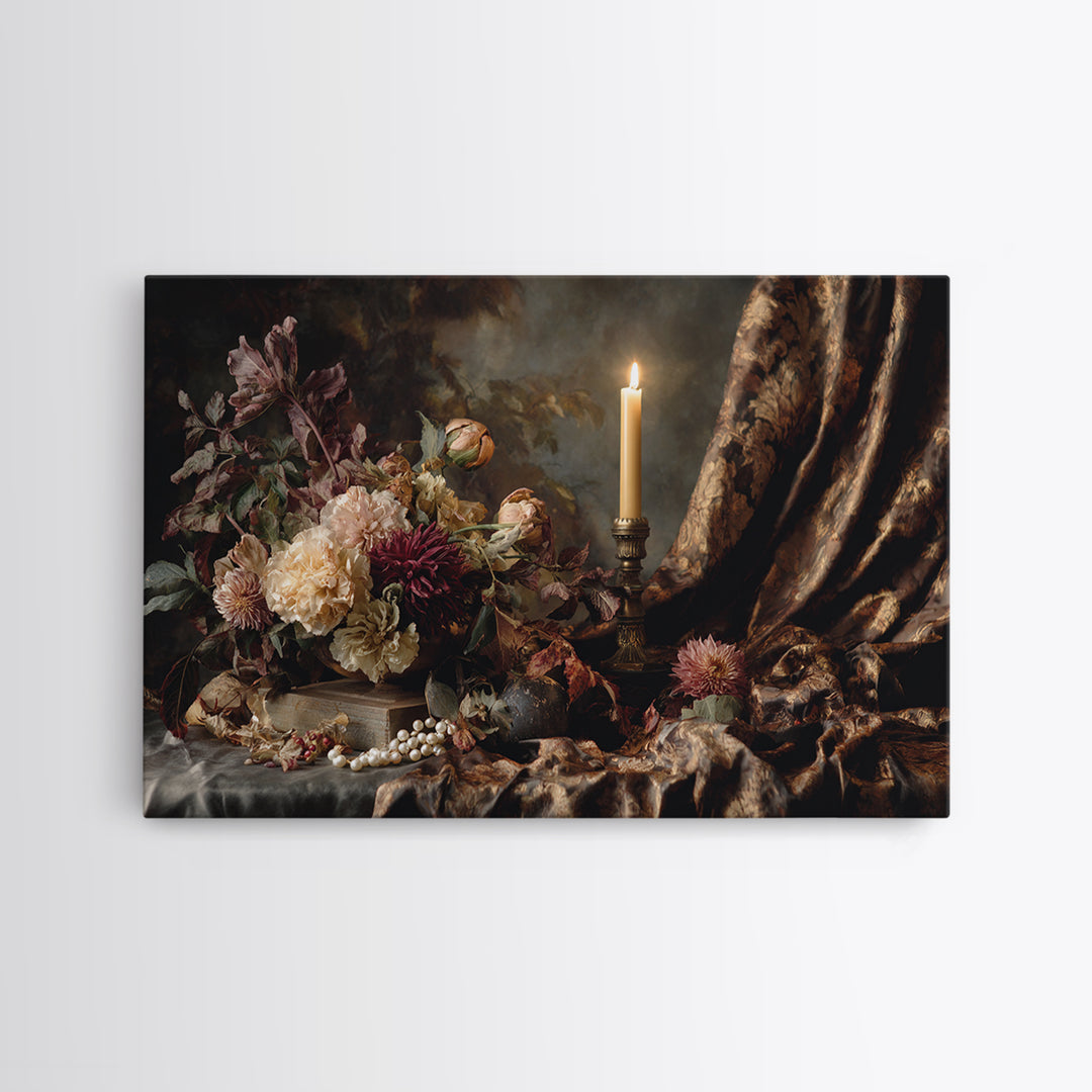 Velvet Drapery with Pearls Flowers and Candlelight Framed Canvas Print, Baroque Art, Painting, Living Room Decor, Ornate, BAO-3x2-31