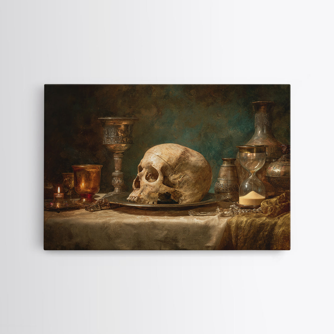 Skull and Hourglass Vanitas Still Life Canvas Print, Baroque Art, Printable Wall Art, Living Room Decor, Fine Art, Ornate, BAO-3x2-33