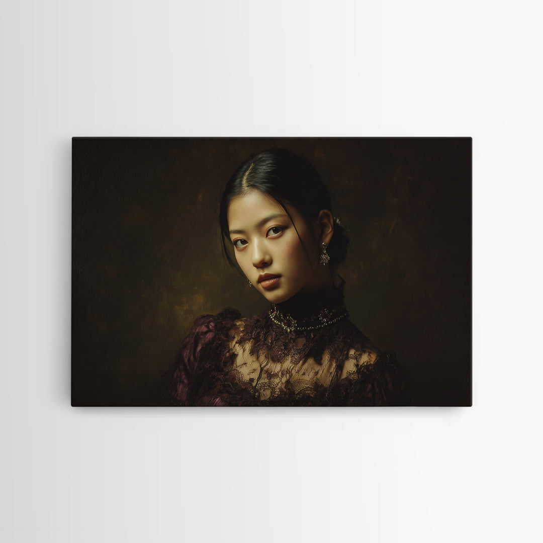 Classical Portrait with Lace Collar and Jewel Framed Canvas Print, Baroque Art, Decor, Living Room Decor, Oil Painting, Ornate, BAO-3x2-35