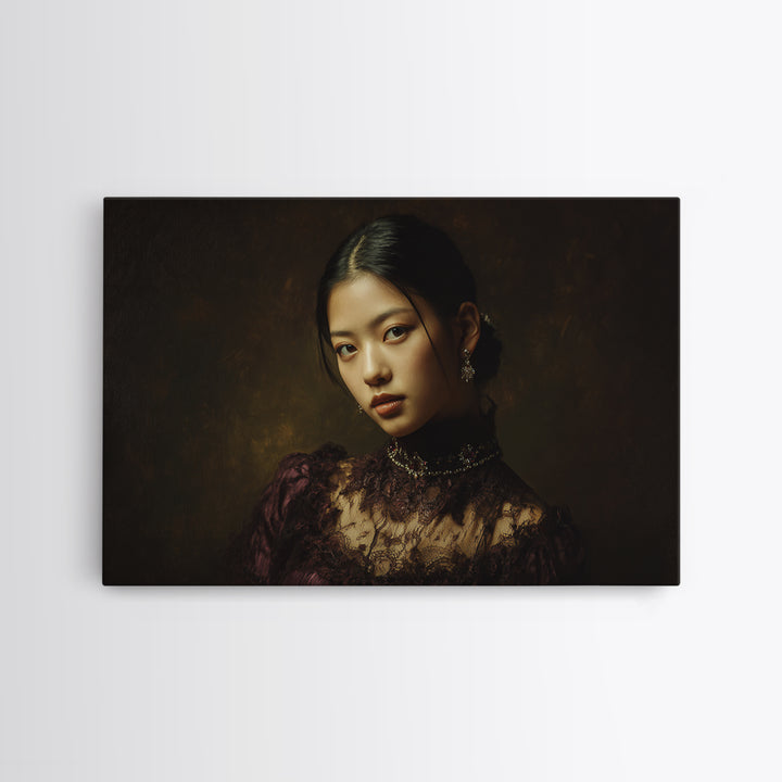 Classical Portrait with Lace Collar and Jewel Framed Canvas Print, Baroque Art, Decor, Living Room Decor, Oil Painting, Ornate, BAO-3x2-35