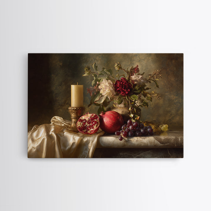 Pomegranate and Grapes on a Marble Ledge Framed Canvas Print, Baroque Art, Contemporary Art, Living Room Decor, Ornate, BAO-3x2-36
