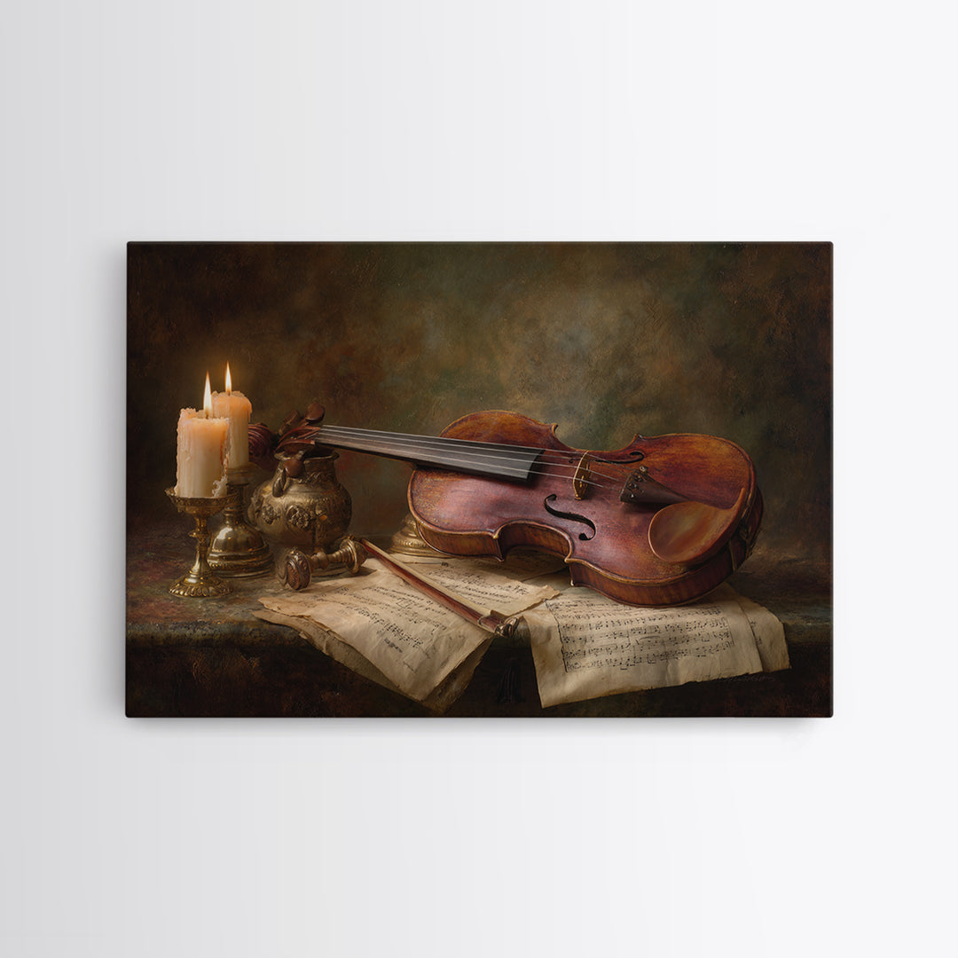 Baroque Violin and Sheet Music Still Life Framed Canvas Print, Baroque Art, Whimsical Decor, Living Room Decor, Ornate, BAO-3x2-39