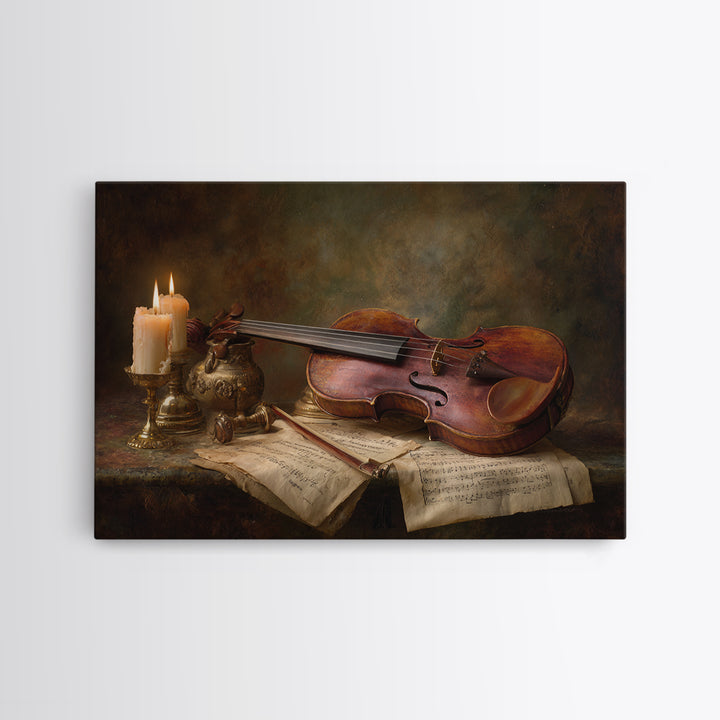 Baroque Violin and Sheet Music Still Life Framed Canvas Print, Baroque Art, Whimsical Decor, Living Room Decor, Ornate, BAO-3x2-39