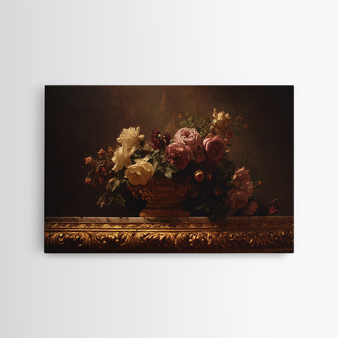 Golden Harp and Roses Framed Canvas Print, Baroque Art, Painting, Living Room Decor, Fine Art, Ornate, Living Room Wall Art, BAO-3x2-46