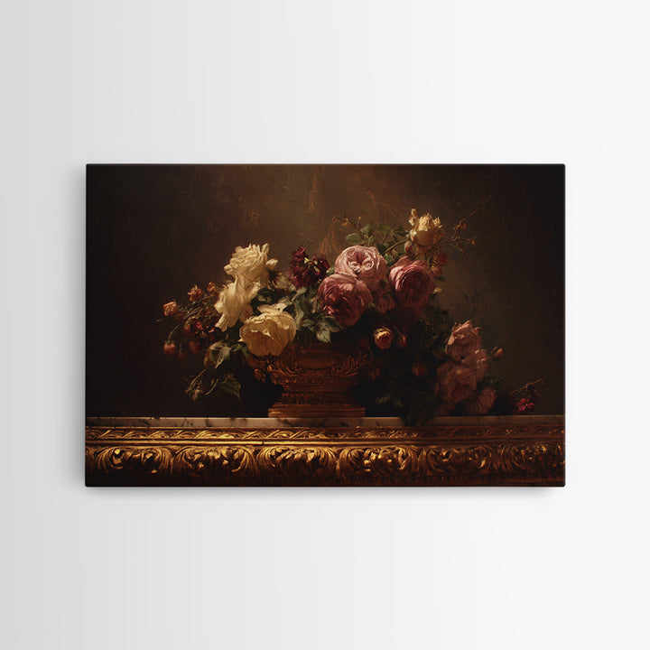 Golden Harp and Roses Framed Canvas Print, Baroque Art, Painting, Living Room Decor, Fine Art, Ornate, Living Room Wall Art, BAO-3x2-46