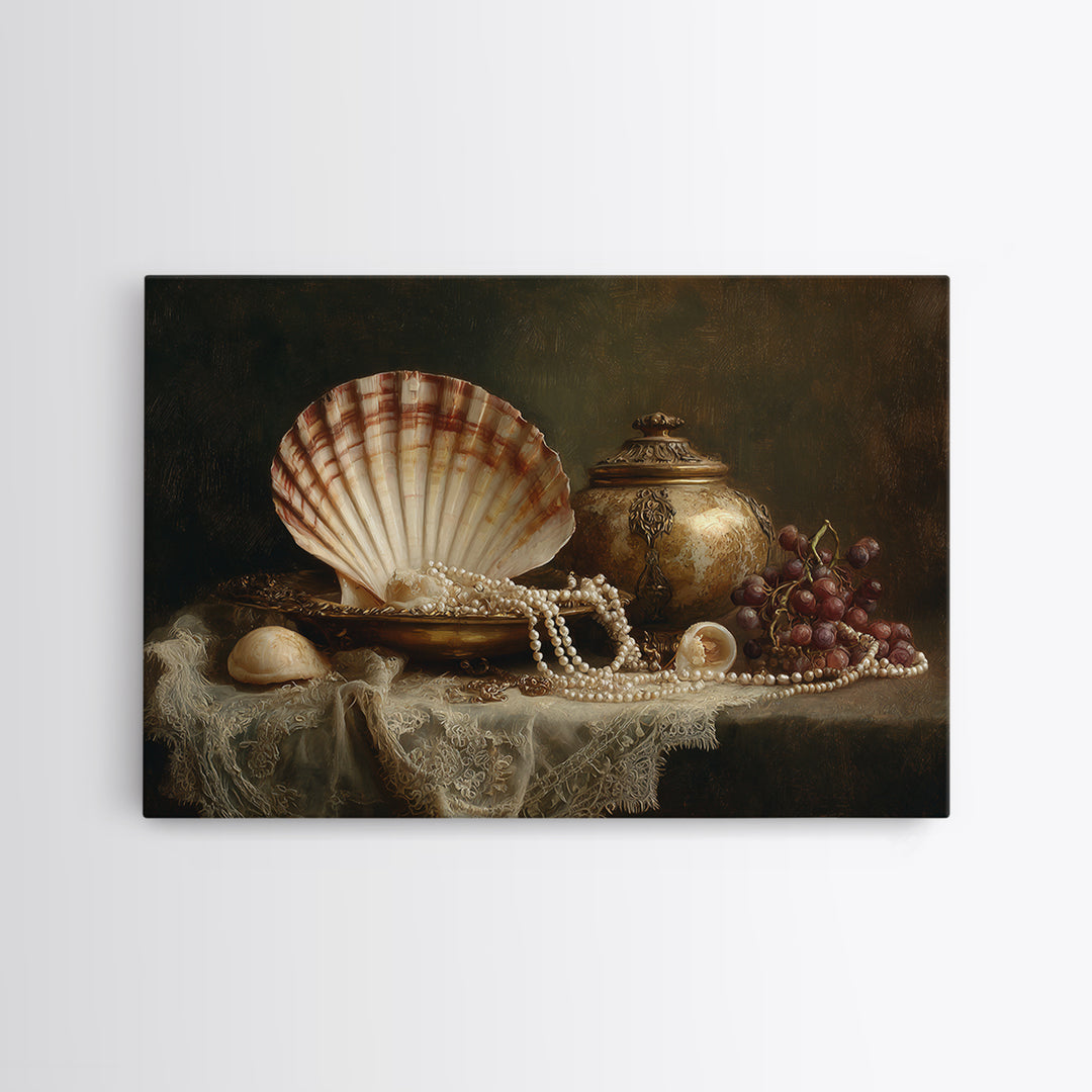 Ornamental Shell and Pearl Composition Framed Canvas Print, Baroque Art, Decor, Living Room Decor, Oil Painting, Ornate, BAO-3x2-50