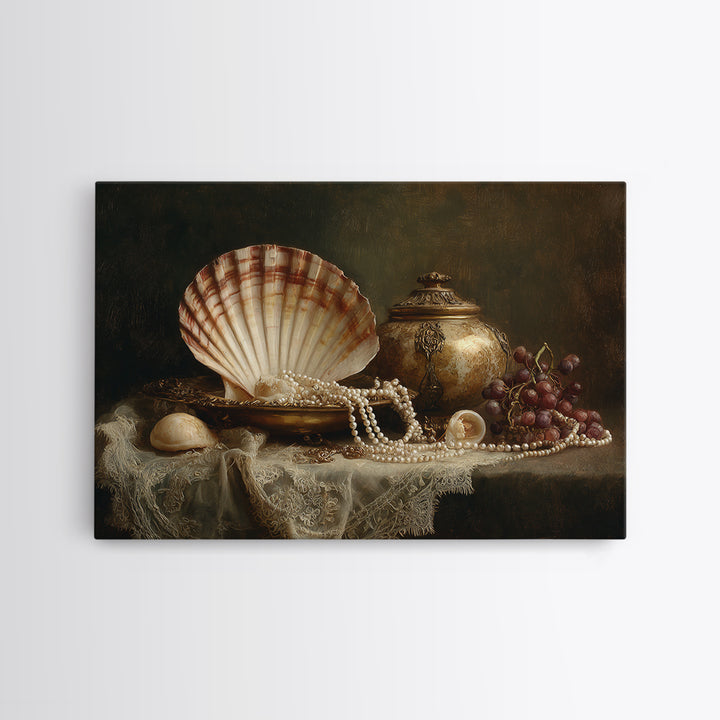Ornamental Shell and Pearl Composition Framed Canvas Print, Baroque Art, Decor, Living Room Decor, Oil Painting, Ornate, BAO-3x2-50