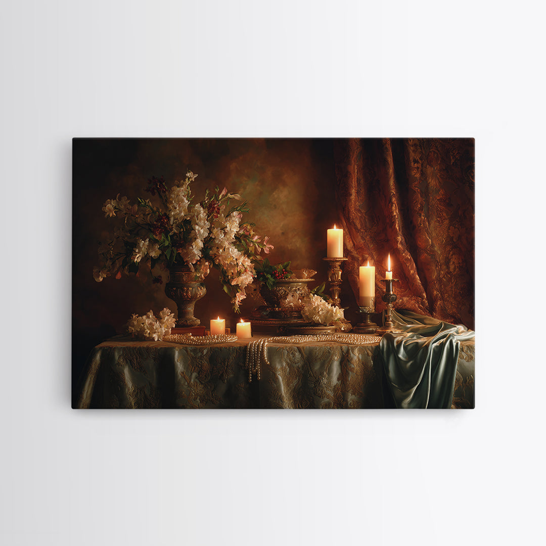 Velvet Drapery with Pearls Flowers and Candlelight Canvas Print, Baroque Art, Maximalist Wall Art, Living Room Decor, Ornate, BAO-3x2-55