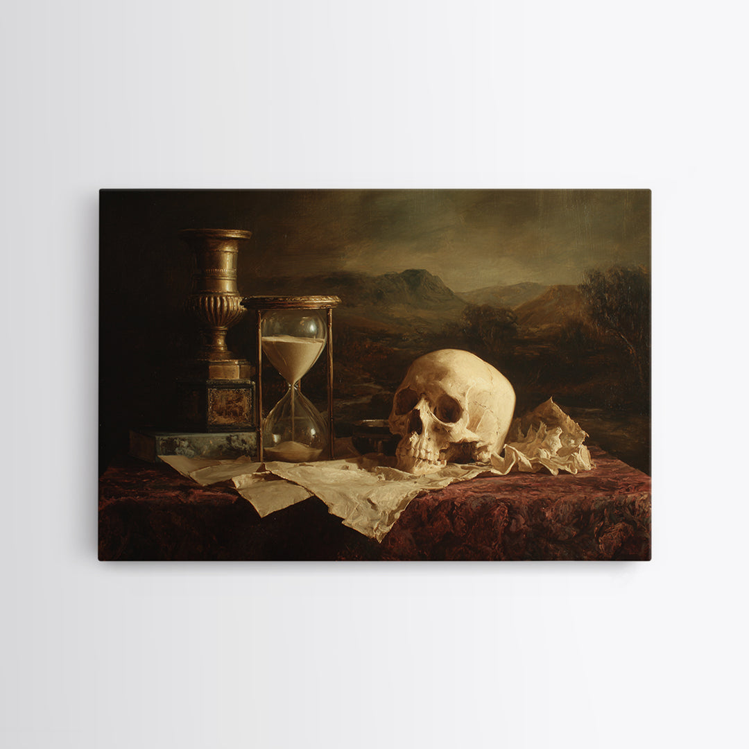 Skull and Hourglass Vanitas Still Life Canvas Print, Baroque Art, Printable Wall Art, Living Room Decor, Fine Art, Ornate, BAO-3x2-57