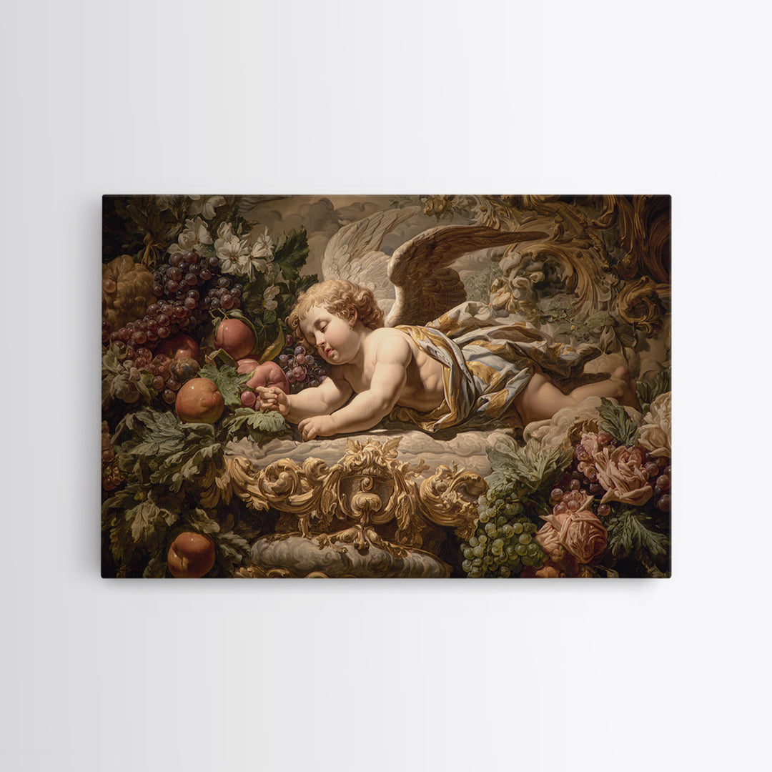 Ornate Cherub Figure Surrounded by Clouds and Framed Canvas Print, Baroque Art, Contemporary Art, Living Room Decor, Ornate, BAO-3x2-6