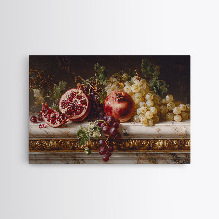 Pomegranate and Grapes on a Marble Ledge Framed Canvas Print, Baroque Art, Whimsical Decor, Living Room Decor, Fine Art, Ornate, BAO-3x2-60