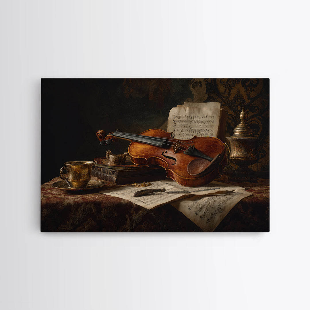 Baroque Violin and Sheet Music Still Life Framed Canvas Print, Baroque Art, Neutral Decor, Living Room Decor, Fine Art, Ornate, BAO-3x2-63