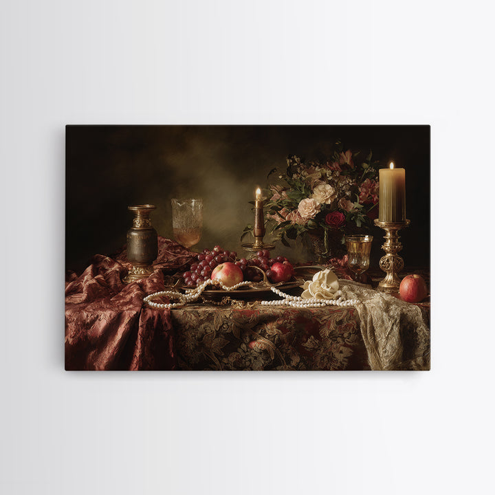 Velvet Drapery with Pearls Flowers and Candlelight Canvas Print, Baroque Art, Maximalist Wall Art, Living Room Decor, Ornate, BAO-3x2-7