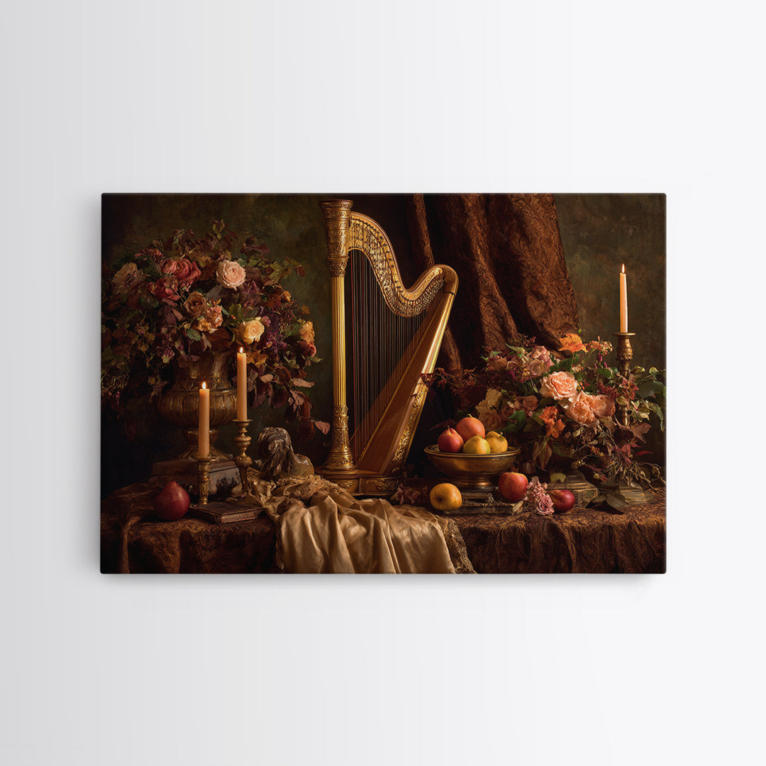 Golden Harp and Roses Framed Canvas Print, Baroque Art, Painting, Living Room Decor, Fine Art, Ornate, Living Room Wall Art, BAO-3x2-70