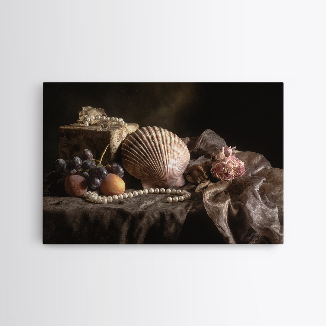 Ornamental Shell and Pearl Composition Framed Canvas Print, Baroque Art, Decor, Living Room Decor, Oil Painting, Ornate, BAO-3x2-74