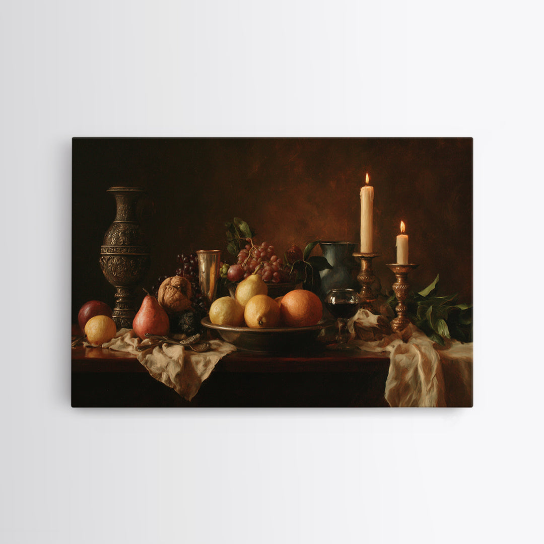 Dramatic Fruit Still Life Framed Canvas Print, Baroque Art, Living Room Wall Art, Living Room Decor, Fine Art, Ornate, BAO-3x2-77