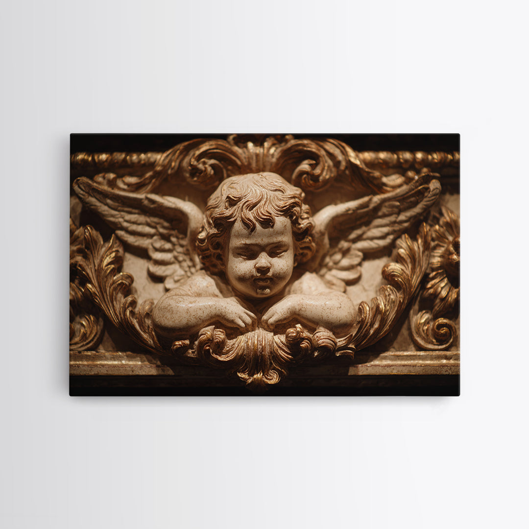 Ornate Cherub Figure Surrounded by Clouds and Framed Canvas Print, Baroque Art, Whimsical Decor, Living Room Decor, Ornate, BAO-3x2-78