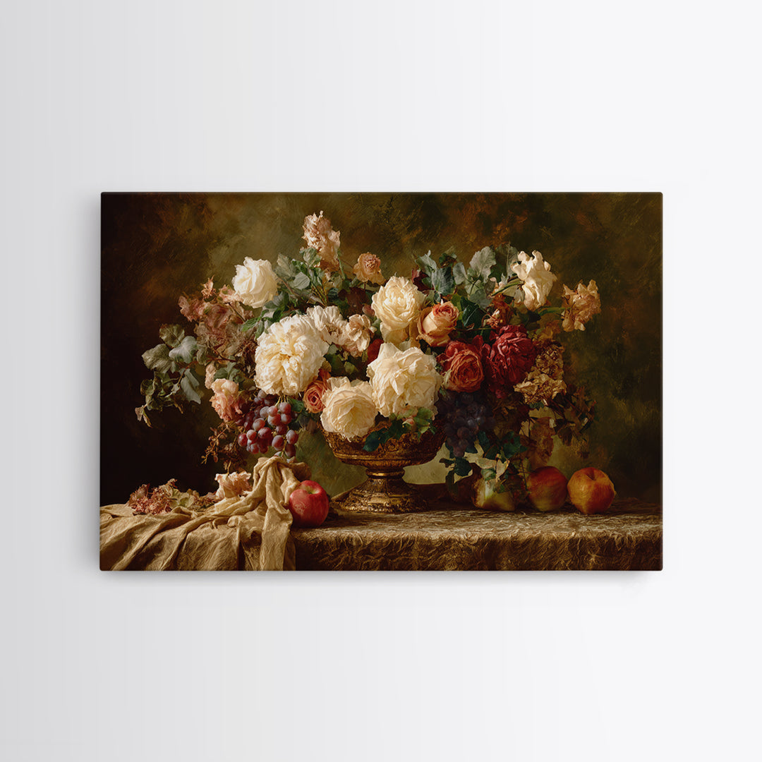 Dark Floral Arrangement Framed Canvas Print, Baroque Art, Living Room Wall Art, Living Room Decor, Ornate, Art Nouveau Decor, BAO-3x2-80