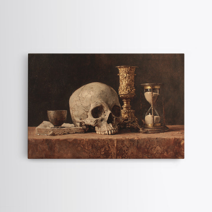 Skull and Hourglass Vanitas Still Life Framed Canvas Print, Baroque Art, Whimsical Decor, Living Room Decor, Fine Art, Ornate, BAO-3x2-81