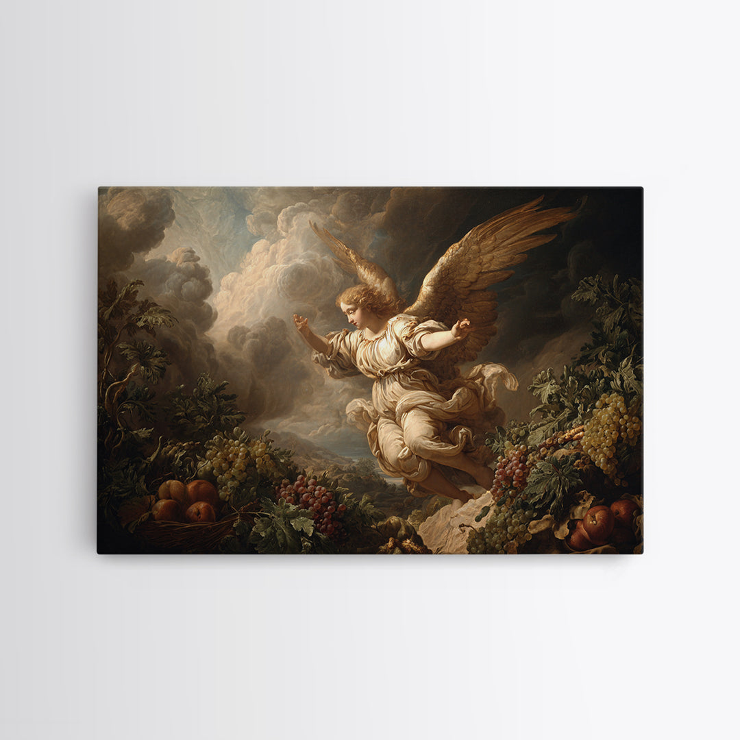 Gilded Angel Wings Emerging from Storm Clouds Framed Canvas Print, Baroque Art, 3d Wall Art, Living Room Decor, Oil Painting, BAO-3x2-82