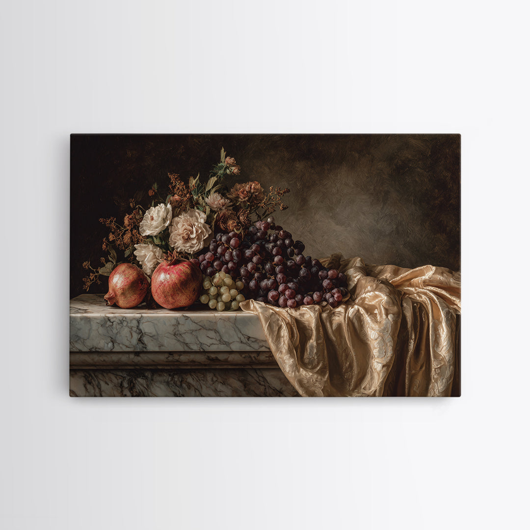 Pomegranate and Grapes on a Marble Ledge Canvas Print, Baroque Art, Moody Wall Art, Living Room Decor, Fine Art, Ornate, BAO-3x2-84