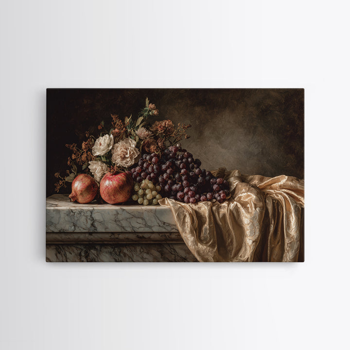 Pomegranate and Grapes on a Marble Ledge Canvas Print, Baroque Art, Moody Wall Art, Living Room Decor, Fine Art, Ornate, BAO-3x2-84