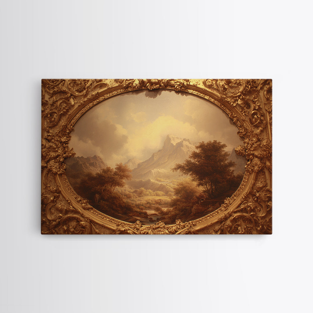 Ornate Gold Frame Illusion Around a Botanical Framed Canvas Print, Baroque Art, 3d Wall Art, Living Room Decor, Ornate, BAO-3x2-85