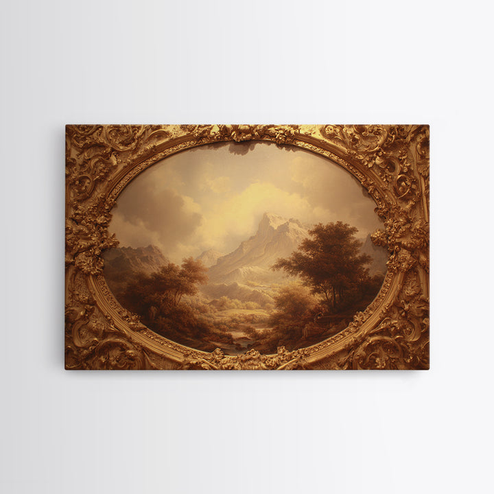 Ornate Gold Frame Illusion Around a Botanical Framed Canvas Print, Baroque Art, 3d Wall Art, Living Room Decor, Ornate, BAO-3x2-85