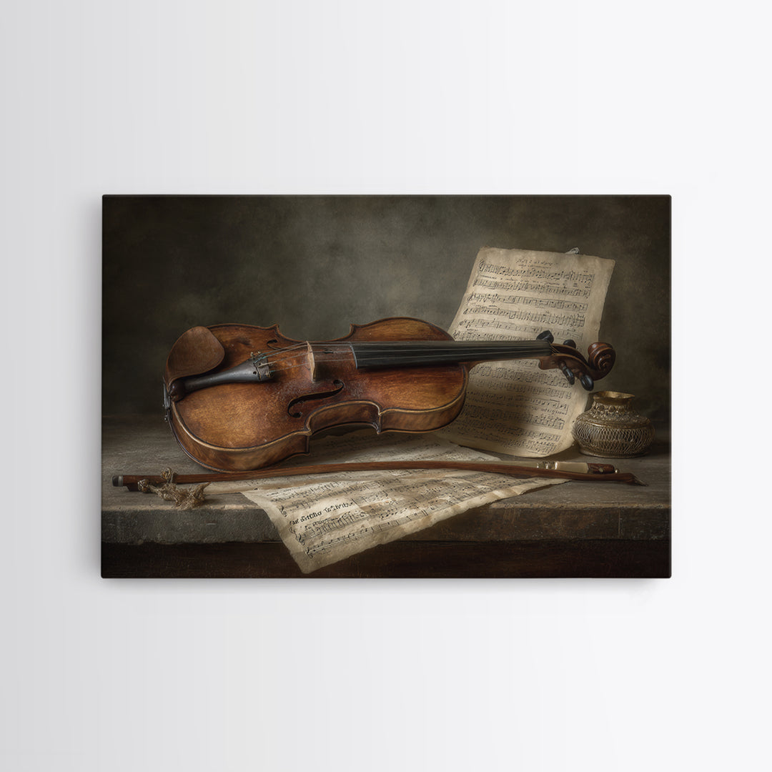 Baroque Violin and Sheet Music Still Life Framed Canvas Print, Baroque Art, Whimsical Decor, Living Room Decor, Ornate, BAO-3x2-87