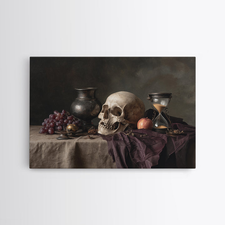 Skull and Hourglass Vanitas Still Life Framed Canvas Print, Baroque Art, Contemporary Art, Living Room Decor, Fine Art, Ornate, BAO-3x2-9