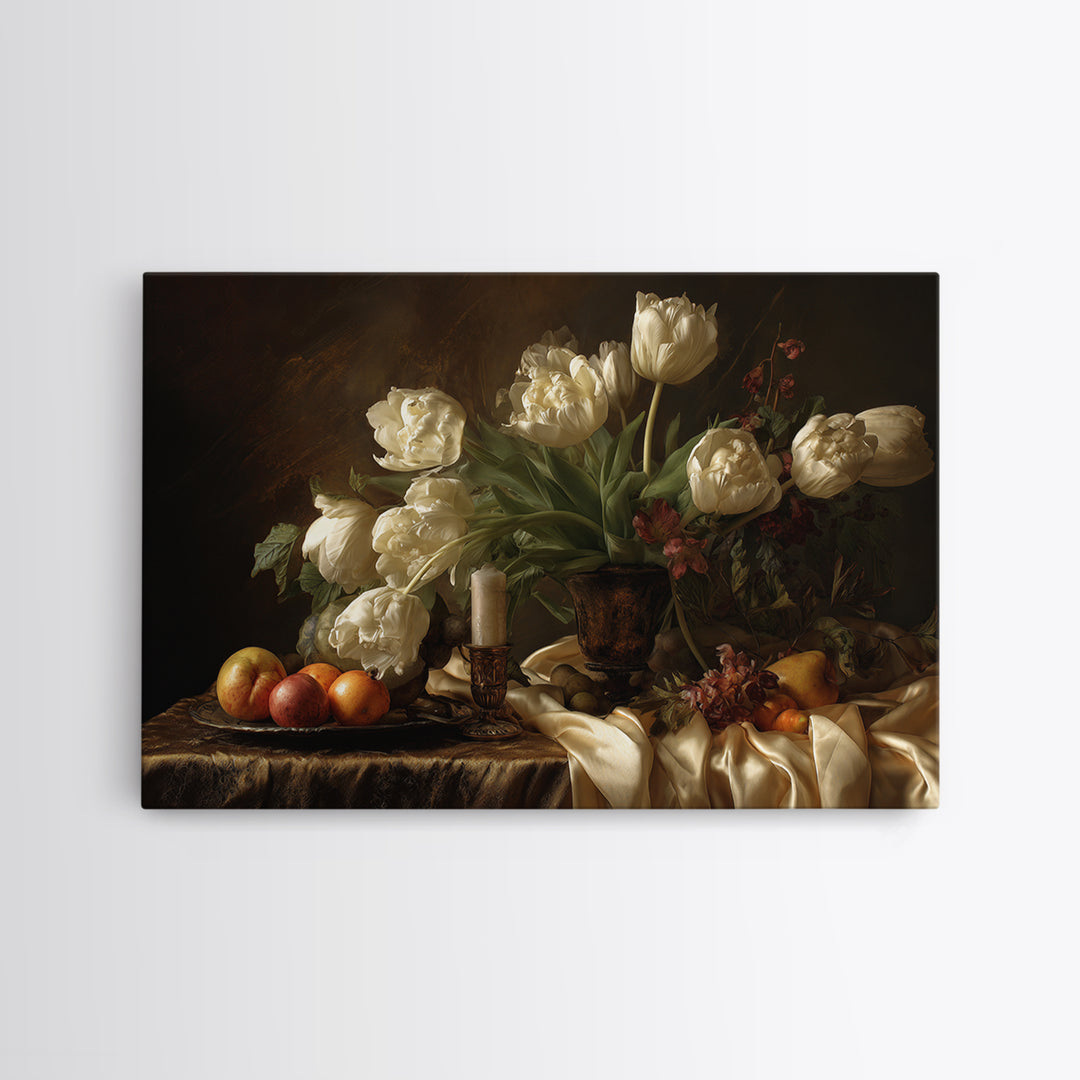 Black Background Tulips Framed Canvas Print, Baroque Art, Room Decor Aesthetic, Living Room Decor, Fine Art, Ornate, Home Decor, BAO-3x2-92